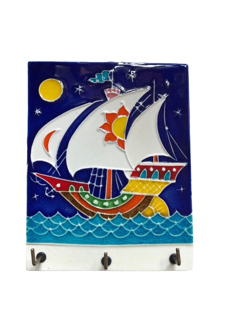 Creazioni Luciano Italian Ceramic Sailing Ship Wall Key Jewelry Holder 3 Hooks